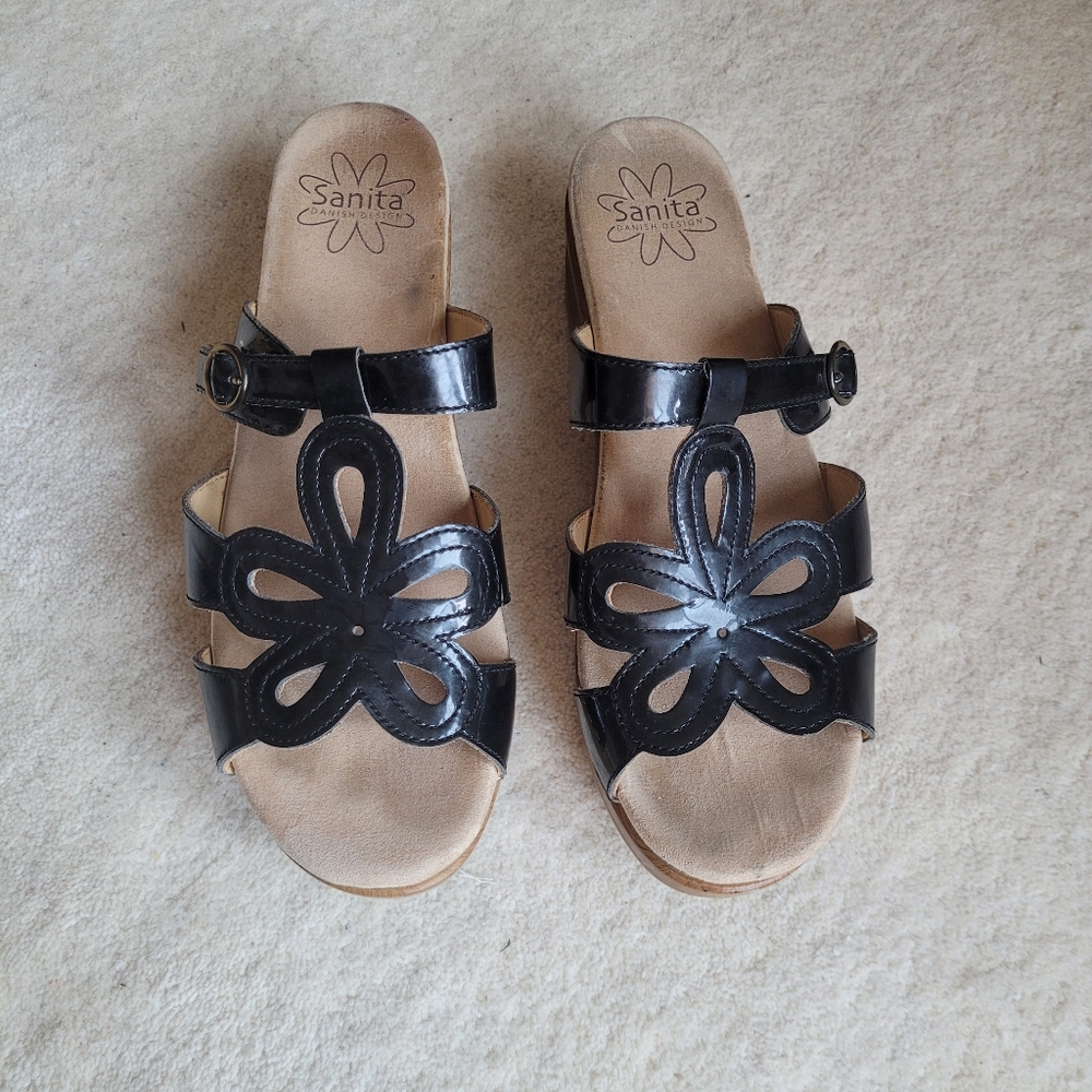 Sanita Danish Design Black Patent Leather Floral Sandals - Women's 42